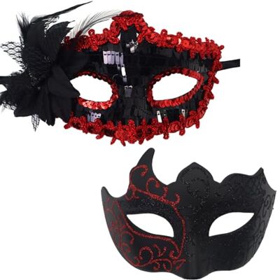 YUEcthynous 2 stuks Venetiaanse maskers voor dames en heren, voor carnaval, gemaskerd bal, kostuumaccessoire voor Halloween, carnaval, feest (rood) YUEcthynous 2 stuks Venetiaanse maskers voor dames en heren, voor carnaval, gemaskerd bal, kostuumaccessoire voor Halloween, carnaval, feest (rood)