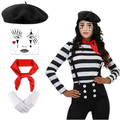 QSZHSL Set van 4 pantomime carnavalskostuums voor dames en heren, clownkostuum voor dames, zwarte mime-muts, rode sjaal, witte stof, gezichtshandschoenen, carnavalskostuum (4 QSZHSL Set van 4 pantomime carnavalskostuums voor dames en heren, clownkostuum voor dames, zwarte mime-muts, rode sjaal, witte stof, gezichtshandschoenen, carnavalskostuum (4