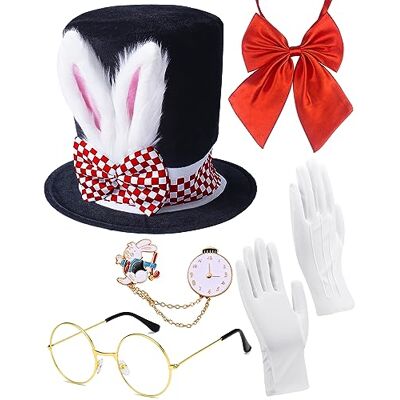 Donetuer Witte paashaaskostuum, gekke hoedenmaker, kostuumaccessoire met konijnenoren, pluche hoed, klok, bril, rode vlinderdas, handschoenen voor Halloween, Pasen, Alice Donetuer Witte paashaaskostuum, gekke hoedenmaker, kostuumaccessoire met konijnenoren, pluche hoed, klok, bril, rode vlinderdas, handschoenen voor Halloween, Pasen, Alice