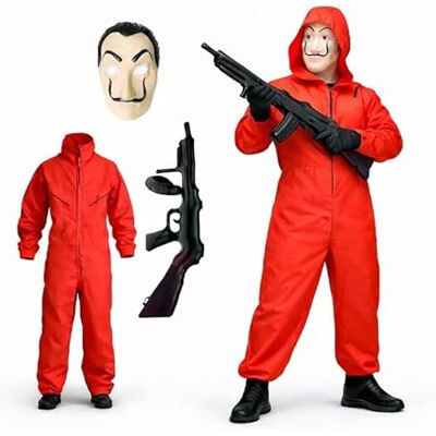 FASCHINFEVER Maison des Argent 3-in-1 set met Dali-masker, uniseks rode jumpsuit, opblaasbaar geweer voor Halloween, carnaval voor dames en heren (180-200 cm) FASCHINFEVER Maison des Argent 3-in-1 set met Dali-masker, uniseks rode jumpsuit, opblaasbaar geweer voor Halloween, carnaval voor dames en heren (180-200 cm)