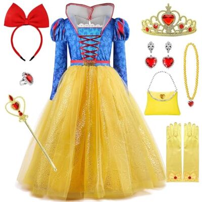 Cnexmin Meisjeskostuum, prinsessenkostuum met accessoires, cosplay, party, Halloween, Kerstmis, party, carnaval, avondjurk, verjaardag, 4-15 jaar, geel 1, 140 Cnexmin Meisjeskostuum, prinsessenkostuum met accessoires, cosplay, party, Halloween, Kerstmis, party, carnaval, avondjurk, verjaardag, 4-15 jaar, geel 1, 140