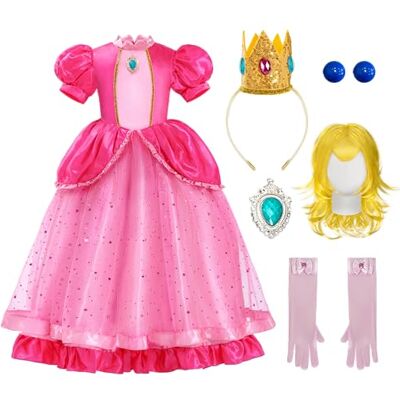 Spooktacular Creations Prinsessenjurk voor meisjes, 5 stuks, roze perzikkostuum met pruik, roze outfit voor meisjes, kinderverjaardag, cosplay, Halloween, party, maat L (10-12 Spooktacular Creations Prinsessenjurk voor meisjes, 5 stuks, roze perzikkostuum met pruik, roze outfit voor meisjes, kinderverjaardag, cosplay, Halloween, party, maat L (10-12