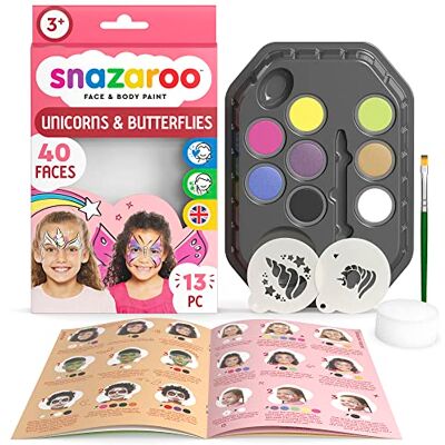 Snazaroo Eenhoorn en vlinders, gezichtsschilderpalet, voor kinderen en volwassenen, 8 kleuren, 13 stuks, sjablonen, kwast, spons, gids, op waterbasis, make-up, body painting en feestjes Snazaroo Eenhoorn en vlinders, gezichtsschilderpalet, voor kinderen en volwassenen, 8 kleuren, 13 stuks, sjablonen, kwast, spons, gids, op waterbasis, make-up, body painting en feestjes