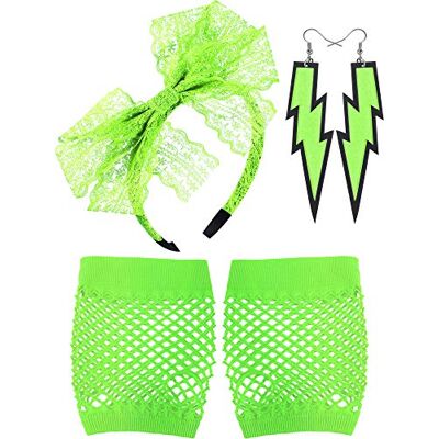 Blulu Kanten hoofdband, neon oorbellen, visnet, vingerloze handschoenen, voor 80e feest (fluorescerend groen) Blulu Kanten hoofdband, neon oorbellen, visnet, vingerloze handschoenen, voor 80e feest (fluorescerend groen)