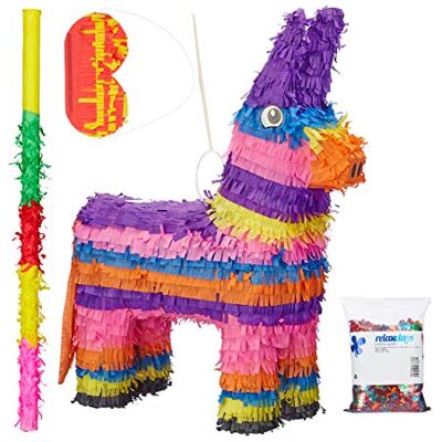 Relaxdays 4 stuks piñata-ezels met confetti, stok en masker, ophanging, automatische vulling, h x l x d, kinderen, verjaardag, kleurrijk Relaxdays 4 stuks piñata-ezels met confetti, stok en masker, ophanging, automatische vulling, h x l x d, kinderen, verjaardag, kleurrijk