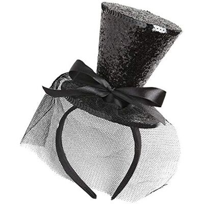 W WIDMANN MILANO Party Fashion Zwarte mini-hoed met pailletten op hoofdband met strik en sluier W WIDMANN MILANO Party Fashion Zwarte mini-hoed met pailletten op hoofdband met strik en sluier