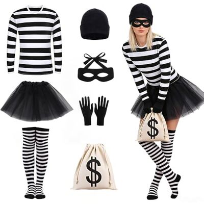 TGKYK Bank-dievenkostuum voor dames, 7-delig, met T-shirt, korte rok, kniekousen, muts, masker, handschoenen, portemonnee, cosplay dief set, L/XL (XL) TGKYK Bank-dievenkostuum voor dames, 7-delig, met T-shirt, korte rok, kniekousen, muts, masker, handschoenen, portemonnee, cosplay dief set, L/XL (XL)