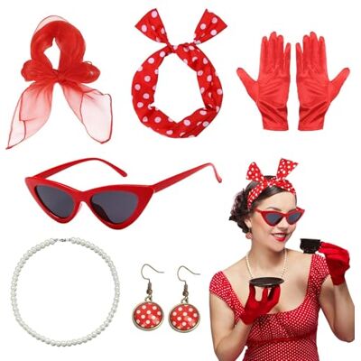 CHUANFU Set van 6 vintage verkleedaccessoires voor dames, rood, 50 jaar, 50 jaar CHUANFU Set van 6 vintage verkleedaccessoires voor dames, rood, 50 jaar, 50 jaar