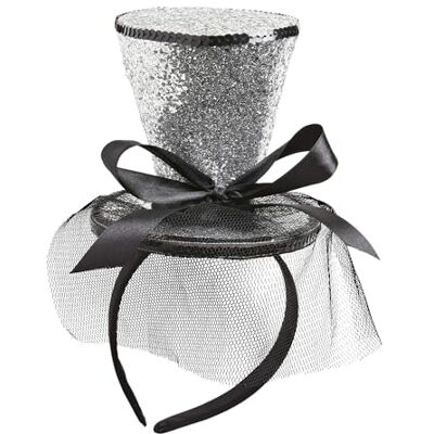 W WIDMANN MILANO Party Fashion Zilveren glitter mini top hoed op hoofd band met strik en waaier W WIDMANN MILANO Party Fashion Zilveren glitter mini top hoed op hoofd band met strik en waaier