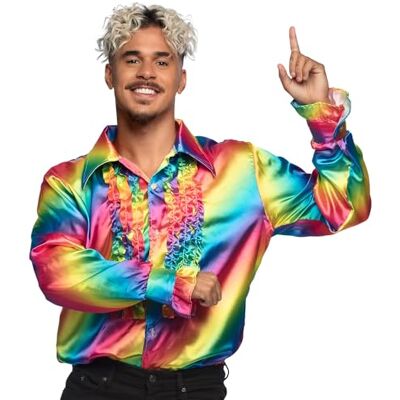 Boland Disco-overhemd met ruches, regenboogkleuren, voor heren, kostuum, party-T-shirt, jaren '70 move, themafeest, carnaval Boland Disco-overhemd met ruches, regenboogkleuren, voor heren, kostuum, party-T-shirt, jaren '70 move, themafeest, carnaval