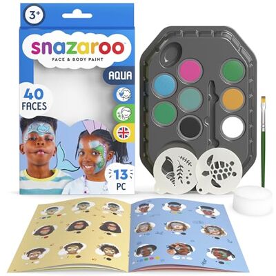 Snazaroo Make-upset voor kinderen "Aqua" – 8 kleuren, 2 stencils, 1 kwast, 1 spons, 1 gids, make-up op waterbasis, gezichtsverf Snazaroo Make-upset voor kinderen "Aqua" – 8 kleuren, 2 stencils, 1 kwast, 1 spons, 1 gids, make-up op waterbasis, gezichtsverf