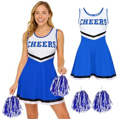 REDSTAR Fancy Dress Cheerleader kostuum voor dames, uniform met kwastjes, Halloween, American High School, 6 maten, 34-44, blauw, S REDSTAR Fancy Dress Cheerleader kostuum voor dames, uniform met kwastjes, Halloween, American High School, 6 maten, 34-44, blauw, S