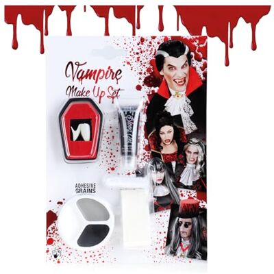 com-four 5-delige Halloween-make-upset – vampierkostuum accessoires met vampiertanden, nepbloed, spons, kleefparels en make-uppalet com-four 5-delige Halloween-make-upset – vampierkostuum accessoires met vampiertanden, nepbloed, spons, kleefparels en make-uppalet