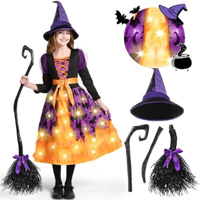 Spooktacular Creations Helder oranje en zwart heksenkostuum voor meisjes van 3 tot 10 jaar, heksenmeisjes voor feestjes met rok en lichtgevende hoed (M (8-10 jaar)) Spooktacular Creations Helder oranje en zwart heksenkostuum voor meisjes van 3 tot 10 jaar, heksenmeisjes voor feestjes met rok en lichtgevende hoed (M (8-10 jaar))