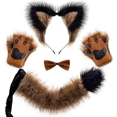 Spooktacular Creations Accessoires set met vlinderdas en handschoenen in de vorm van bruine wolvenoren met staart voor Halloween-feestaccessoires Spooktacular Creations Accessoires set met vlinderdas en handschoenen in de vorm van bruine wolvenoren met staart voor Halloween-feestaccessoires