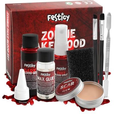 Festicy Halloween speciale effecten make-up kit, nepbloed, littekenwas, bloedspray en meer. Perfect voor horrorkostuums voor vrouwen en mannen. Vampier, Zombie Festicy Halloween speciale effecten make-up kit, nepbloed, littekenwas, bloedspray en meer. Perfect voor horrorkostuums voor vrouwen en mannen. Vampier, Zombie