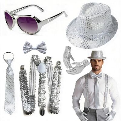 yolzhxe Set van 6 discooutfits met glitter voor heren, kostuumaccessoires met jazzhoed, bretels, stropdassen, handschoenen, vlinderdas en bril, voor jaren 70 en 80 outfit, voor het nieuwe jaar yolzhxe Set van 6 discooutfits met glitter voor heren, kostuumaccessoires met jazzhoed, bretels, stropdassen, handschoenen, vlinderdas en bril, voor jaren 70 en 80 outfit, voor het nieuwe jaar