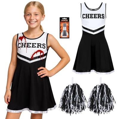 REDSTAR Cheerleader Zombie kostuum voor meisjes, met buis nepbloed, Halloween-kostuum voor kinderen, 7-9 jaar, zwart REDSTAR Cheerleader Zombie kostuum voor meisjes, met buis nepbloed, Halloween-kostuum voor kinderen, 7-9 jaar, zwart