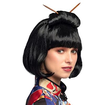 Boland 86417 Chinese pruik voor volwassenen, zwart synthetisch haar met toverstaven, kapsel voor carnavalskostuums, carnaval en themafeest Boland 86417 Chinese pruik voor volwassenen, zwart synthetisch haar met toverstaven, kapsel voor carnavalskostuums, carnaval en themafeest