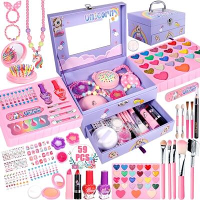 Purpledi Make-upset voor kinderen, speelgoed, 59-delig, wasbaar, make-upset voor meisjes, kerstcadeau voor verjaardag voor 4-10 jaar Purpledi Make-upset voor kinderen, speelgoed, 59-delig, wasbaar, make-upset voor meisjes, kerstcadeau voor verjaardag voor 4-10 jaar