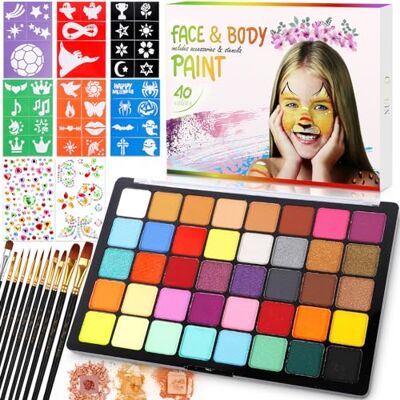 POWZOO Gezichtsverf voor kinderen, 40 kleuren, gezichts- en lichaamsverf, wasbaar, niet giftig, met 11 penselen, 41 sjablonen en 2 stickers, Halloween-carnavalsmake-up. POWZOO Gezichtsverf voor kinderen, 40 kleuren, gezichts- en lichaamsverf, wasbaar, niet giftig, met 11 penselen, 41 sjablonen en 2 stickers, Halloween-carnavalsmake-up.