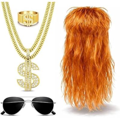 FASCHINFEVER Vokuhila 4-in-1 kostuumset uit de jaren 80 en 90 gouden ketting, Assi pruikbril en dollarring voor carnaval en mode voor dames en heren FASCHINFEVER Vokuhila 4-in-1 kostuumset uit de jaren 80 en 90 gouden ketting, Assi pruikbril en dollarring voor carnaval en mode voor dames en heren