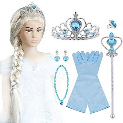 Vicloon Elsa Princess Aankleedaccessoires, Crown Wand Blauwe Handschoenen Tiara Pruik Ketting Ring Oorbellen Set van 9 Vicloon Elsa Princess Aankleedaccessoires, Crown Wand Blauwe Handschoenen Tiara Pruik Ketting Ring Oorbellen Set van 9