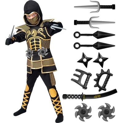 Spooktacular Creations Gouden ninjakostuum voor jongens, kinderen met gouden pantser en motieven voor Halloween, party, maat M Spooktacular Creations Gouden ninjakostuum voor jongens, kinderen met gouden pantser en motieven voor Halloween, party, maat M
