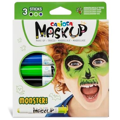CARIOCA Mask Up Monster, make-upset voor kinderen en meisjes, make-up voor de huid, ideaal voor Kerstmis, Halloween, carnaval en feesten, 3 kleuren en 2 tutorials, dermatologisch getest CARIOCA Mask Up Monster, make-upset voor kinderen en meisjes, make-up voor de huid, ideaal voor Kerstmis, Halloween, carnaval en feesten, 3 kleuren en 2 tutorials, dermatologisch getest