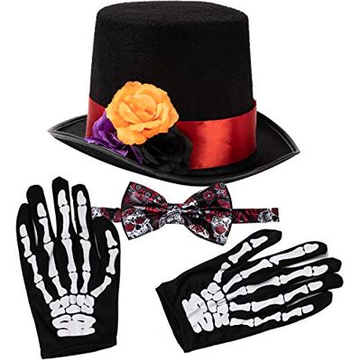 Spooktacular Creations 4 stuks Halloween-kostuumaccessoires voor heren, bestaande uit 1 paar skelethandschoenen, 1 herenhoed en 1 vlinderdas voor Halloween, kostuumfeest Spooktacular Creations 4 stuks Halloween-kostuumaccessoires voor heren, bestaande uit 1 paar skelethandschoenen, 1 herenhoed en 1 vlinderdas voor Halloween, kostuumfeest
