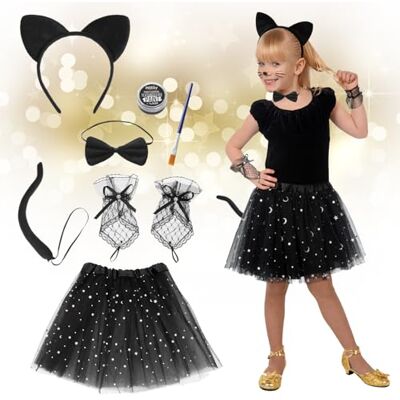 Festicy Kattenkostuum voor kinderen, carnavalskostuum met hoofdband, halsketting, handschoenen, make-up en kwast, kattenkostuum voor kinderen, meisjes en katten, carnavalskostuum Festicy Kattenkostuum voor kinderen, carnavalskostuum met hoofdband, halsketting, handschoenen, make-up en kwast, kattenkostuum voor kinderen, meisjes en katten, carnavalskostuum