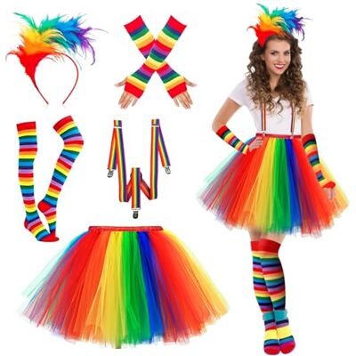 DUOLAM Regenboog carnavalskostuum voor dames: set van 5 tule rokken met bandjes, kleurrijke kousen, vingerloze handschoenen, kleurrijke veren hoofdbanden, jaren 50 tutu voor Halloween, jurk DUOLAM Regenboog carnavalskostuum voor dames: set van 5 tule rokken met bandjes, kleurrijke kousen, vingerloze handschoenen, kleurrijke veren hoofdbanden, jaren 50 tutu voor Halloween, jurk