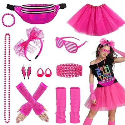 Riisoyu Damesoutfit, 11-delig, kostuumaccessoires, jaren 80-feest, carnaval, accessoires voor dames Riisoyu Damesoutfit, 11-delig, kostuumaccessoires, jaren 80-feest, carnaval, accessoires voor dames