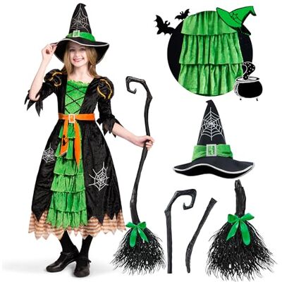Spooktacular Creations Groen heksenkostuum met hoed voor meisjes Spooktacular Creations Groen heksenkostuum met hoed voor meisjes
