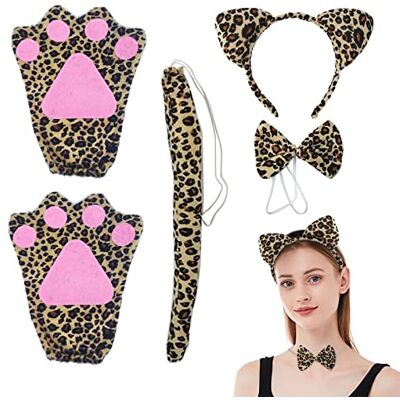MIVAIUN Dieren luipaard cosplay set voor meisjes met oren strik staart handschoenen themafeest Halloween decoratie accessoires (bruin) MIVAIUN Dieren luipaard cosplay set voor meisjes met oren strik staart handschoenen themafeest Halloween decoratie accessoires (bruin)