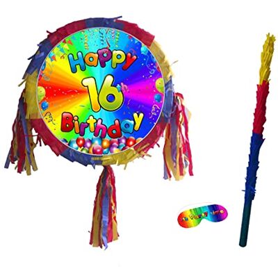 Boogie Woogie Pinatas 16 jaar piñata met stok en blinddoek Boogie Woogie Pinatas 16 jaar piñata met stok en blinddoek