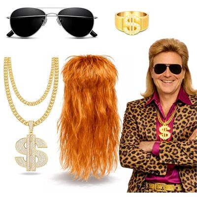 Costumed Vokuhila 4-in-1 kostuumset uit de jaren 80 en 90 voor carnaval en carnavalskostuum met Assi Vokuhila pruik, gouden ketting, bril en gouden ring Costumed Vokuhila 4-in-1 kostuumset uit de jaren 80 en 90 voor carnaval en carnavalskostuum met Assi Vokuhila pruik, gouden ketting, bril en gouden ring