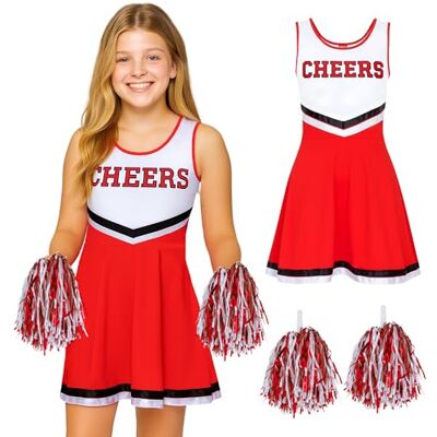 REDSTAR Cheerleaderkostuum voor meisjes, jurk met kwastjes voor Halloween en kostuumfeesten, carnavalskostuum (rood, medium) REDSTAR Cheerleaderkostuum voor meisjes, jurk met kwastjes voor Halloween en kostuumfeesten, carnavalskostuum (rood, medium)