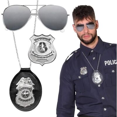 Boland 01417 3-delige set politiebril ketting en badge zilver/zwart uniseks speciale politie commissaris kostuum carnaval themafeest Boland 01417 3-delige set politiebril ketting en badge zilver/zwart uniseks speciale politie commissaris kostuum carnaval themafeest