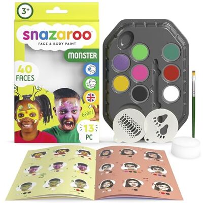 Snazaroo Make-upset voor kinderen "Monster" – 8 kleuren, 2 stencils, 1 kwast, 1 spons, 1 gids, make-up op waterbasis, gezichtsverf Snazaroo Make-upset voor kinderen "Monster" – 8 kleuren, 2 stencils, 1 kwast, 1 spons, 1 gids, make-up op waterbasis, gezichtsverf