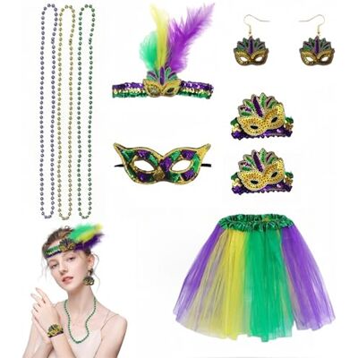 HenfuME Carnavalskostuum voor dames, 10-delige set, carnavalskostuum voor meisjes, tule rok voor dames, groen, tule rok, carnaval, hoofdband, armbanden, maskers voor carnaval en HenfuME Carnavalskostuum voor dames, 10-delige set, carnavalskostuum voor meisjes, tule rok voor dames, groen, tule rok, carnaval, hoofdband, armbanden, maskers voor carnaval en