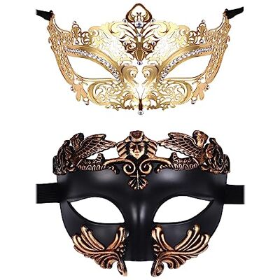 JewelryWe 2 stuks oude Romeinse Griekse maskers van metaal voor Halloween, Mardi Gras, afstudeerfeest, 2 stuks, goud JewelryWe 2 stuks oude Romeinse Griekse maskers van metaal voor Halloween, Mardi Gras, afstudeerfeest, 2 stuks, goud