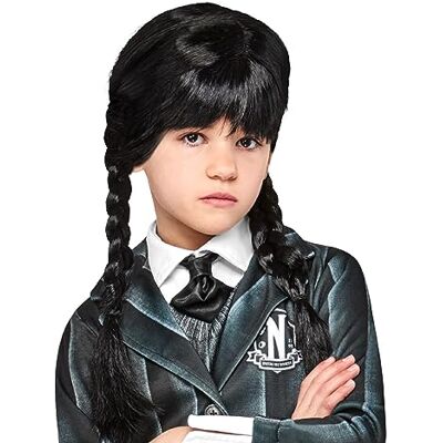 RUBIE'S RUBIES Wednesday Addams pruik voor meisjes met vlechten en franjes, officiële Wednesday kostuumaccessoire voor Halloween, carnaval, feestjes en cosplay RUBIE'S RUBIES Wednesday Addams pruik voor meisjes met vlechten en franjes, officiële Wednesday kostuumaccessoire voor Halloween, carnaval, feestjes en cosplay
