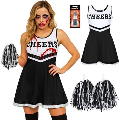 REDSTAR Zombie cheerleader kostuum voor vrouwen, met pompons, Halloween kostuum in High School Musical stijl, (42-44, zwart) REDSTAR Zombie cheerleader kostuum voor vrouwen, met pompons, Halloween kostuum in High School Musical stijl, (42-44, zwart)
