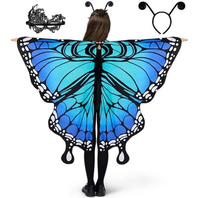 Spooktacular Creations Vlindervleugels voor kinderen, blauwe cape met kanten masker en antennehoofdband, Halloween-kostuumaccessoires Spooktacular Creations Vlindervleugels voor kinderen, blauwe cape met kanten masker en antennehoofdband, Halloween-kostuumaccessoires