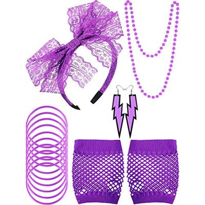 Blulu 80's hoofdband kant oorbellen handschoenen net ketting armband paars Blulu 80's hoofdband kant oorbellen handschoenen net ketting armband paars