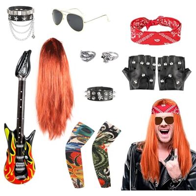 FASBET Set van 12 rockstar kostuums jaren 70, 80, 90, punk, carnaval voor dames, heren, dames, carnaval, punk, festival, feest FASBET Set van 12 rockstar kostuums jaren 70, 80, 90, punk, carnaval voor dames, heren, dames, carnaval, punk, festival, feest