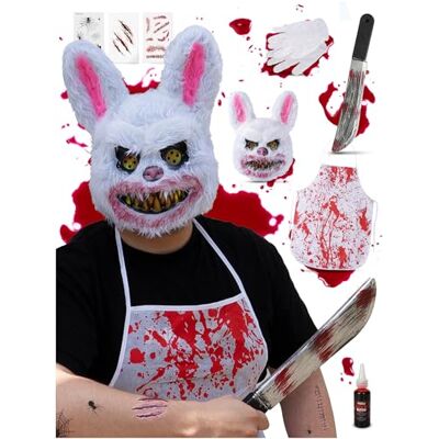 Festicy Horrorkonijnenkostuum voor mannen en tieners, één maat, met Halloween-masker, nepbloed, machete enz. I Halloween kostuum 2024 Festicy Horrorkonijnenkostuum voor mannen en tieners, één maat, met Halloween-masker, nepbloed, machete enz. I Halloween kostuum 2024