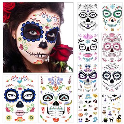 Kiiwah 10 vellen tijdelijke tatoeages voor Halloween, dag van de doden, suikerschedel, skelet voor vrouwen, mannen, volwassenen en kinderen Kiiwah 10 vellen tijdelijke tatoeages voor Halloween, dag van de doden, suikerschedel, skelet voor vrouwen, mannen, volwassenen en kinderen