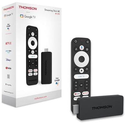 Thomson Streaming Stick 140, Google TV, 4K UHD, spraakbediening, Google Cast, Dolby Atmos, Dolby Digital Plus, Bluetooth 5.0, HDMI, HDR10, Wi-Fi, 2GB RAM, 8GB geheugen Thomson Streaming Stick 140, Google TV, 4K UHD, spraakbediening, Google Cast, Dolby Atmos, Dolby Digital Plus, Bluetooth 5.0, HDMI, HDR10, Wi-Fi, 2GB RAM, 8GB geheugen